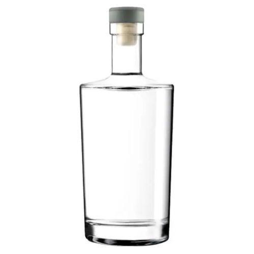 Flasche Neos 1.0 Liter mit Silberkorkenverschluss in gerader Vorderansicht, aus Klarglas.