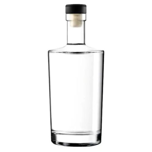 Flasche Neos 1.0 Liter mit schwarzem dunklem Holzkorkenverschluss in gerader Vorderansicht, aus Klarglas.