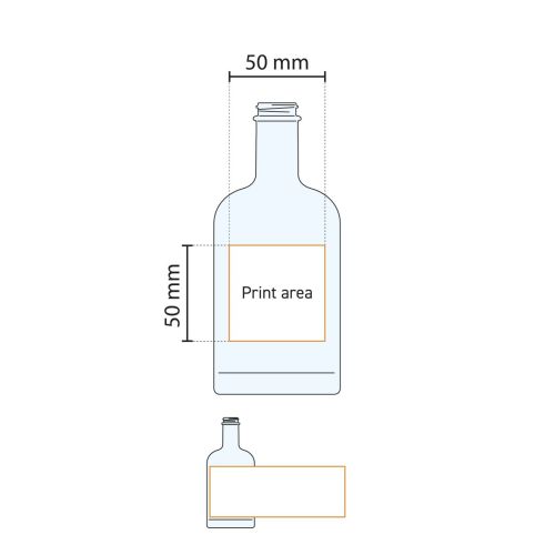 Technische Arbeitszeichnung der Flasche Oslo 0,2 Liter mit eingezeichnetem Druckbereich.