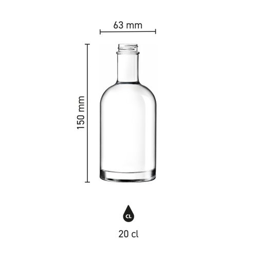 Infografik mit den Abmessungen der Glasflasche Oslo 0,2 Liter, einschließlich Höhe und Durchmesser.