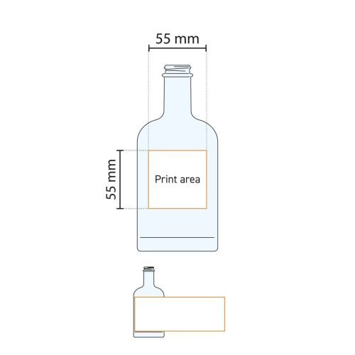 Technische Zeichnung der Flasche Oslo 0,35 Liter Glas mit markiertem Druckbereich.