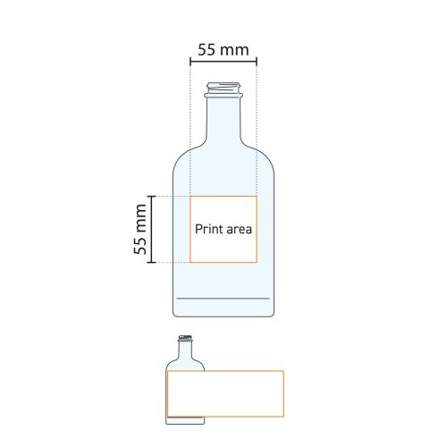 Technische Arbeitszeichnung der Flasche Oslo 0,5 Liter mit Angabe des Druckbereichs.