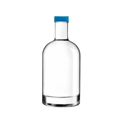 Flasche Oslo 0,5 Liter aus Klarglas mit blauem Verschluss in gerader Vorderansicht ohne Aufdruck.