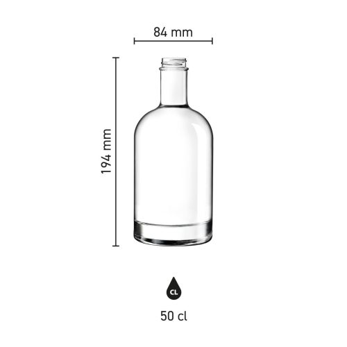 Die Infografik zeigt Höhe und Durchmesser der 0,5-Liter-Glasflasche von Oslo in maßstabsgetreuer Darstellung.
