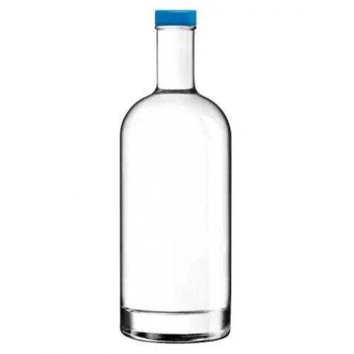 Flasche Oslo 1,0 Liter aus klarem Glas, fotografiert gerade von vorne ohne Druck mit blauem Deckel.