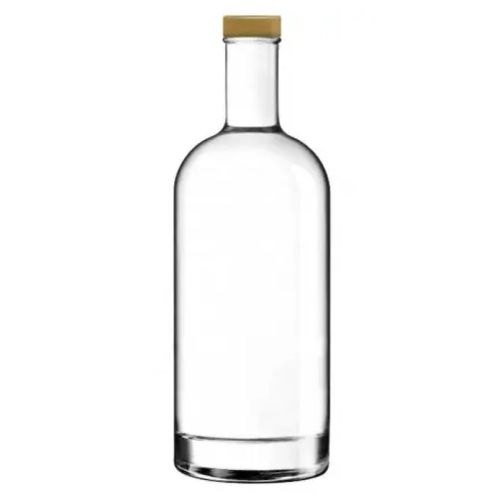 Flasche Oslo 1,0 Liter aus klarem Glas, direkt von vorne fotografiert ohne Aufdruck mit goldenem Verschluss.