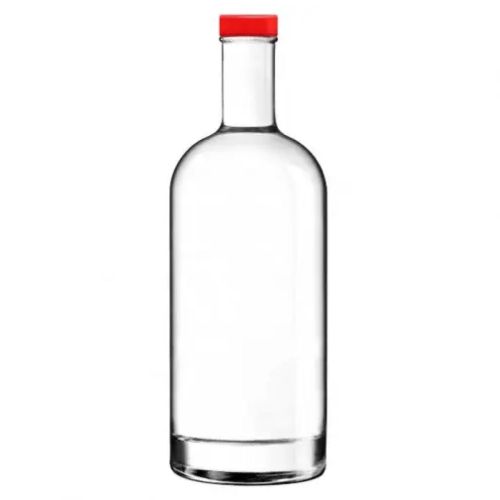 Flasche Oslo 1,0 Liter aus klarem Glas, fotografiert gerade von vorne ohne Druck mit rotem Deckel.