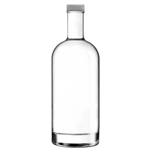 Flasche Oslo 1,0 Liter aus klarem Glas, fotografiert gerade von vorne ohne Druck mit Silberkappe.