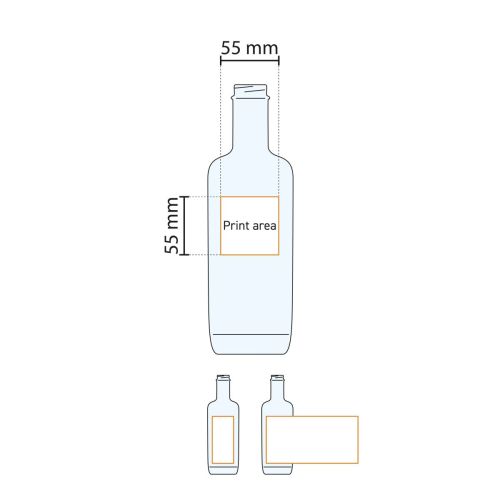 Technische Arbeitszeichnung mit Druckbereich der Sauerstoffflasche 0,5 Liter aus Klarglas.
