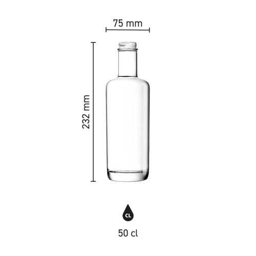 Die Infografik zeigt die Abmessungen der 0,5-Liter-Sauerstoff-Glasflasche mit Maßstab.
