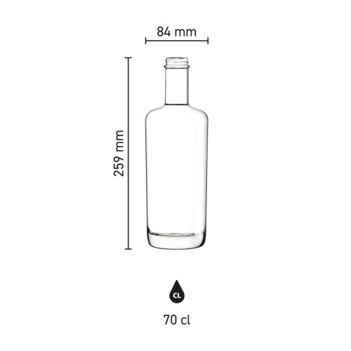 Die Infografik zeigt die detaillierten Abmessungen der 0,7-Liter-Glasflasche von Oxygen.