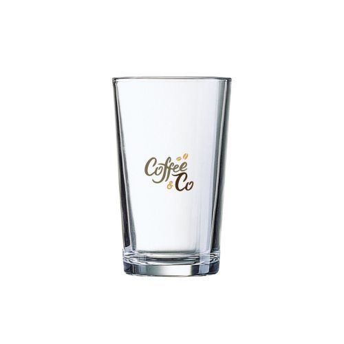 Glas Conique 8 cl. mit aufgedrucktem CoffeeCo-Logo in mehreren Farben auf der Vorderseite.