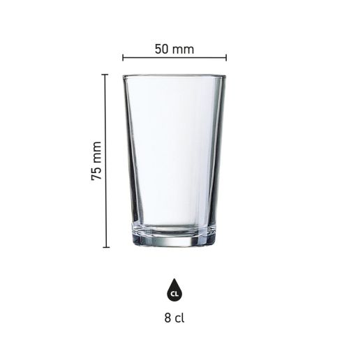 Die Infografik zeigt Höhe, Durchmesser und Fassungsvermögen des Glases Conique 8 cl im Detail.