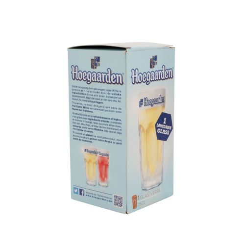 Hoegaarden Longdrinkglas 25 cl aus transparentem Glas, abgebildet mit beiliegender Verpackung in informativer Produktpräsentation.