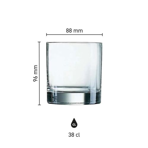 Infografik zeigt Höhe, Durchmesser und Fassungsvermögen von Islande Tumbler Glas 38 cl.