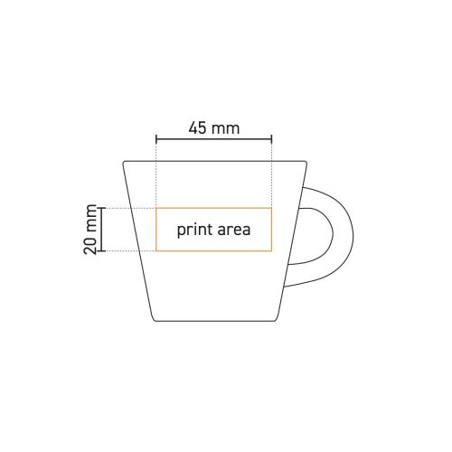 Die technische Zeichnung zeigt die bedruckbare Oberfläche der Kaffeetasse Neo Budgetline 19 cl. aus weißem Porzellan.