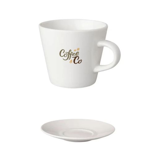 Kaffee Neo Budgetline weiß 19 cl. SET mit mehrfarbigen CoffeeCo Logo auf der Vorderseite des Dienstes.