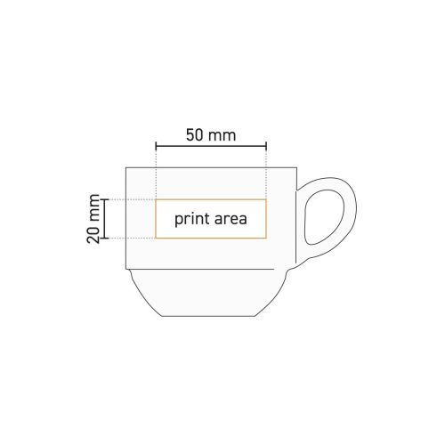 Technische Zeichnung der Kaffeetasse Mammoth Budgetline 20 cl. Porzellan mit Angabe der Druckfläche. Technische Zeichnung der Kaffeetasse Mammoth Budgetline 20 cl. Porzellan mit Angabe der Druckfläche.