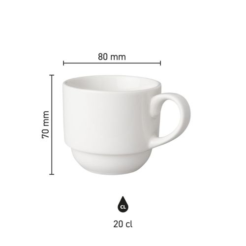 Die Infografik zeigt die Abmessungen der Kaffeetasse Mammoth Budgetline 20 cl Porzellan mit Durchmesser und Höhe. Die Infografik zeigt die Abmessungen der Kaffeetasse Mammoth Budgetline 20 cl Porzellan mit Durchmesser und Höhe.