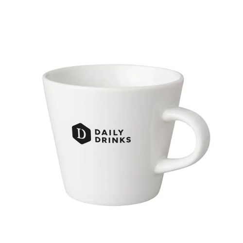 Kaffeetasse weiß Neo Budgetline 19 cl. aus Porzellan mit Druck in einer DailyDrinks-Logo-Farbe auf der Vorderseite.