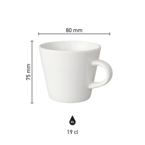 Infografik mit Abmessungen der Porzellan-Kaffeetasse Neo Budgetline 19 cl, einschließlich Durchmesser und Höhe.