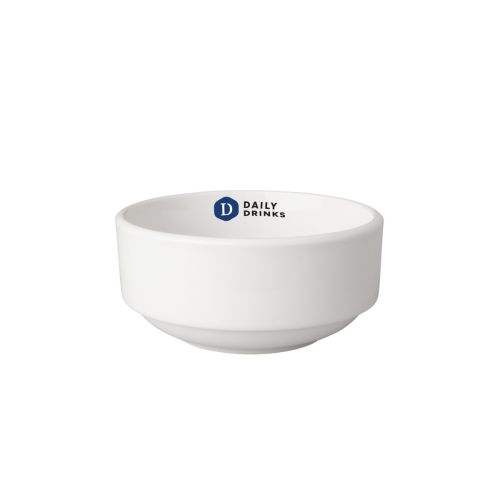 Mehrfarbiges DailyDrinks-Logo auf Schüssel weiß Budgetline 11 cm sichtbar auf der Vorderseite.