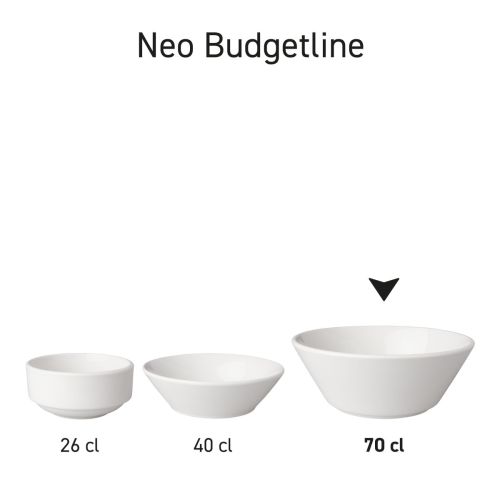 Übersicht der Porzellanschalen Neo Budgetline in Reihenanordnung mit unterschiedlichen Inhalten. Übersicht der Porzellanschalen Neo Budgetline in Reihenanordnung mit unterschiedlichen Inhalten.