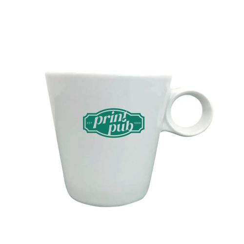 Lukas Cappuccinotasse weiß 19,5 cl mit PrintPub-Logo in einer Farbe auf der Vorderseite sichtbar.