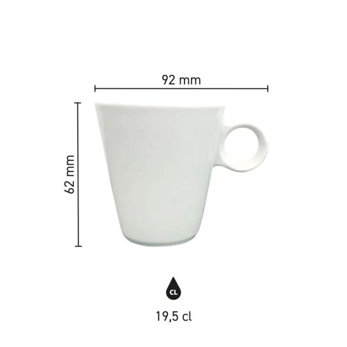 Übersicht über die Maße der Lukas Cappuccinotasse 19,5 cl weißes Porzellan in grafischer Darstellung.
