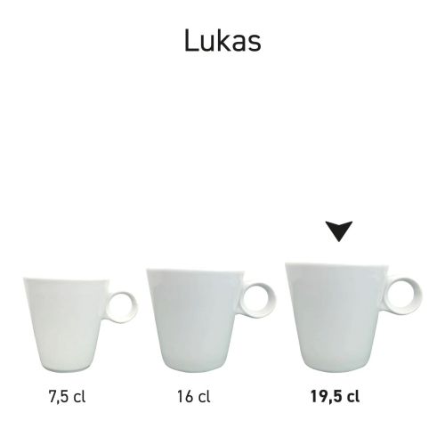 Serie von weißen Cappuccinotassen aus Lukas-Porzellan, nebeneinander angeordnet.