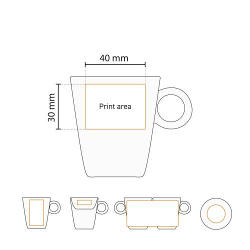 Technische Arbeitszeichnung mit Druckfläche des Lukas Espressotasse Weiß 7,5 cl. für Logodruck.