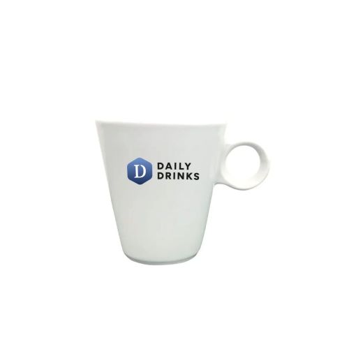 Lukas Espressotasse Weiß 7,5 cl. mit vollfarbigem DailyDrinks-Logo auf der Vorderseite.