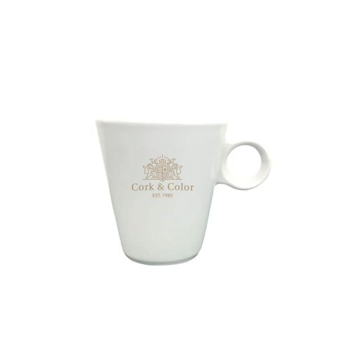 Lukas Espressotasse Weiß 7,5 cl.  mit einfarbigem CorkColor-Logo auf der Vorderseite.