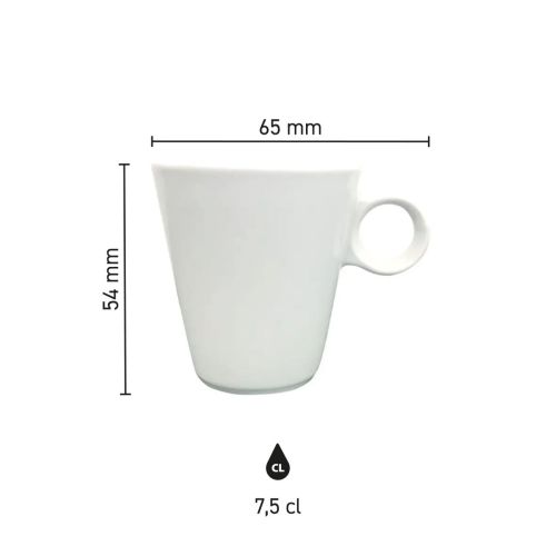 Infografik mit den Produktabmessungen der Lukas Espressotasse 7,5 cl, einschließlich Höhe und Durchmesser.