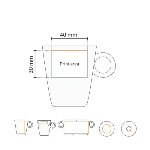 Technische Arbeitszeichnung des Lukas espresso white 7.5 cl. SET mit Angabe der Druckfläche.