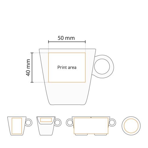 Technische Arbeitszeichnung der Lukas Kaffeetasse 16 cl. mit Angabe der Druckfläche. Technische Arbeitszeichnung der Lukas Kaffeetasse 16 cl. mit Angabe der Druckfläche.
