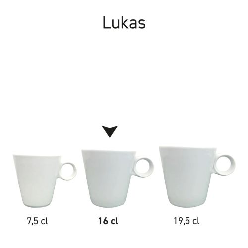 Eine Reihe von weißen Lukas-Kaffeetassem in verschiedenen Größen, die zum visuellen Vergleich nebeneinander präsentiert werden. Eine Reihe von weißen Lukas-Kaffeetassem in verschiedenen Größen, die zum visuellen Vergleich nebeneinander präsentiert werden.