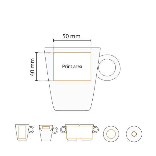 Technische Arbeitszeichnung mit Angabe der Druckfläche auf dem Lukas Kaffee weiß 16 cl. Set Technische Arbeitszeichnung mit Angabe der Druckfläche auf dem Lukas Kaffee weiß 16 cl. Set