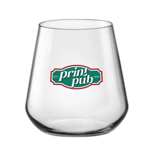 Mencia Whiskyglas 35 cl. mit mehrfarbigem PrintPub Logodruck auf der Vorderseite des Glases.