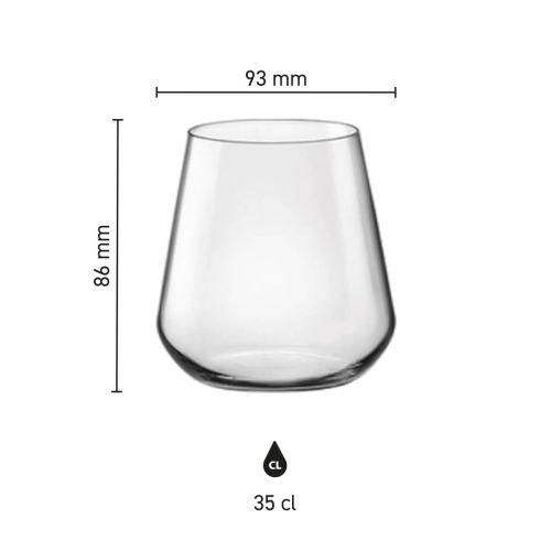 Infografik mit den Produktabmessungen des Mencia Whiskyglases 35 cl, einschließlich Höhe und Durchmesser.