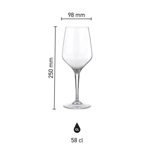 Infografik mit Höhe und Durchmesser des Mencia Weinglases 58 cl. dargestellt. Infografik mit Höhe und Durchmesser des Mencia Weinglases 58 cl. dargestellt.
