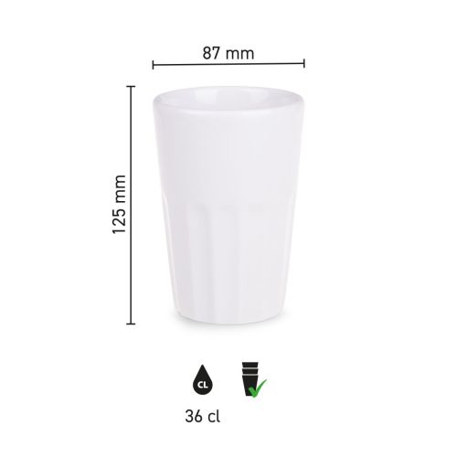 Infografik von Noble Tasse 36 cl. Porzellan mit klaren Produktabmessungen und Inhalt.