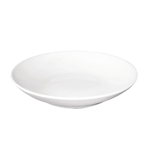 Vorderansicht des Nudeltellers Hotel, 26 cm tief, aus weißem Porzellan mit breitem Rand. Vorderansicht des Nudeltellers Hotel, 26 cm tief, aus weißem Porzellan mit breitem Rand.