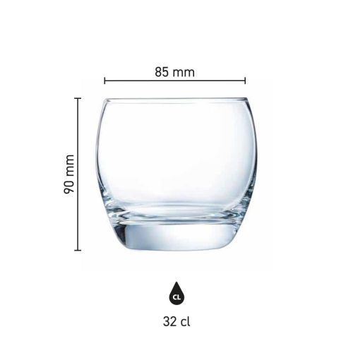 Infografik mit den Produktabmessungen von Salto Tumbler 32 cl Glas einschließlich Höhe und Durchmesser.