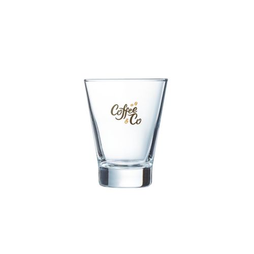 Shetland 9 cl. Glas mit CoffeeCo-Logo in zwei bis vier Farben deutlich sichtbar auf der Vorderseite.
