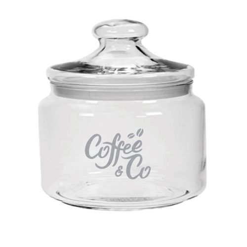 Großes Bonbonglas 1,5 Liter mit eingraviertem CoffeeCo-Logo auf der Vorderseite. Großes Bonbonglas 1,5 Liter mit eingraviertem CoffeeCo-Logo auf der Vorderseite.
