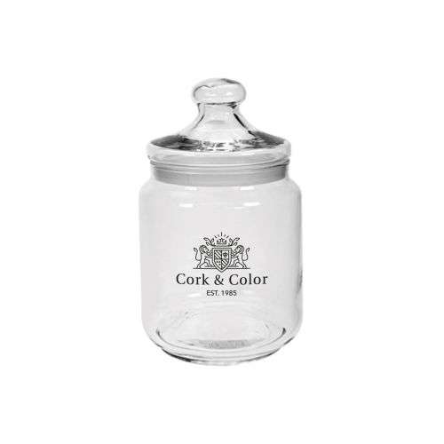 Transparentes 0,75-Liter-Bonbonglas mit farbigem CorkColor-Logo auf der Vorderansicht.