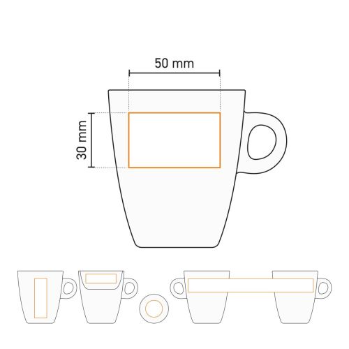 Arbeitszeichnung mit Druckfläche der Sonja Tasse 18 cl Porzellan für die Platzierung und den Druck des Logos. Arbeitszeichnung mit Druckfläche der Sonja Tasse 18 cl Porzellan für die Platzierung und den Druck des Logos.