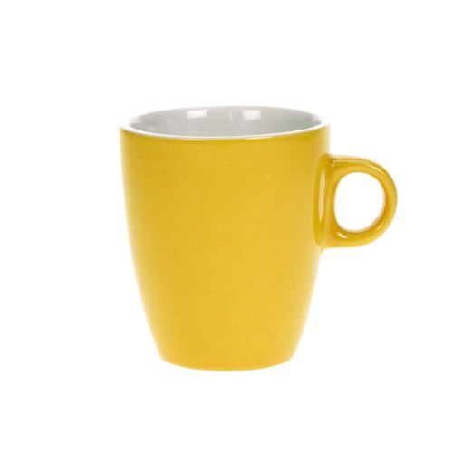 Gelber und weißer 18 cl Becher Sonja aus Porzellan, mit glattem Innenraum und hitzebeständigem Material. Gelber und weißer 18 cl Becher Sonja aus Porzellan, mit glattem Innenraum und hitzebeständigem Material.