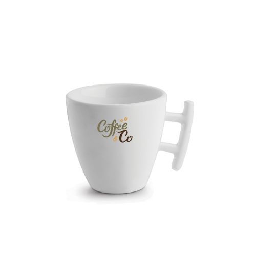Squito Espressotasse 8 cl aus Porzellan mit mehrfarbigem CoffeeCo-Logo auf der Vorderseite.